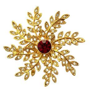 Vintage Gold-Tone Snowflake Brooch w Red Rhinestone Clear Crystal Accents Holida